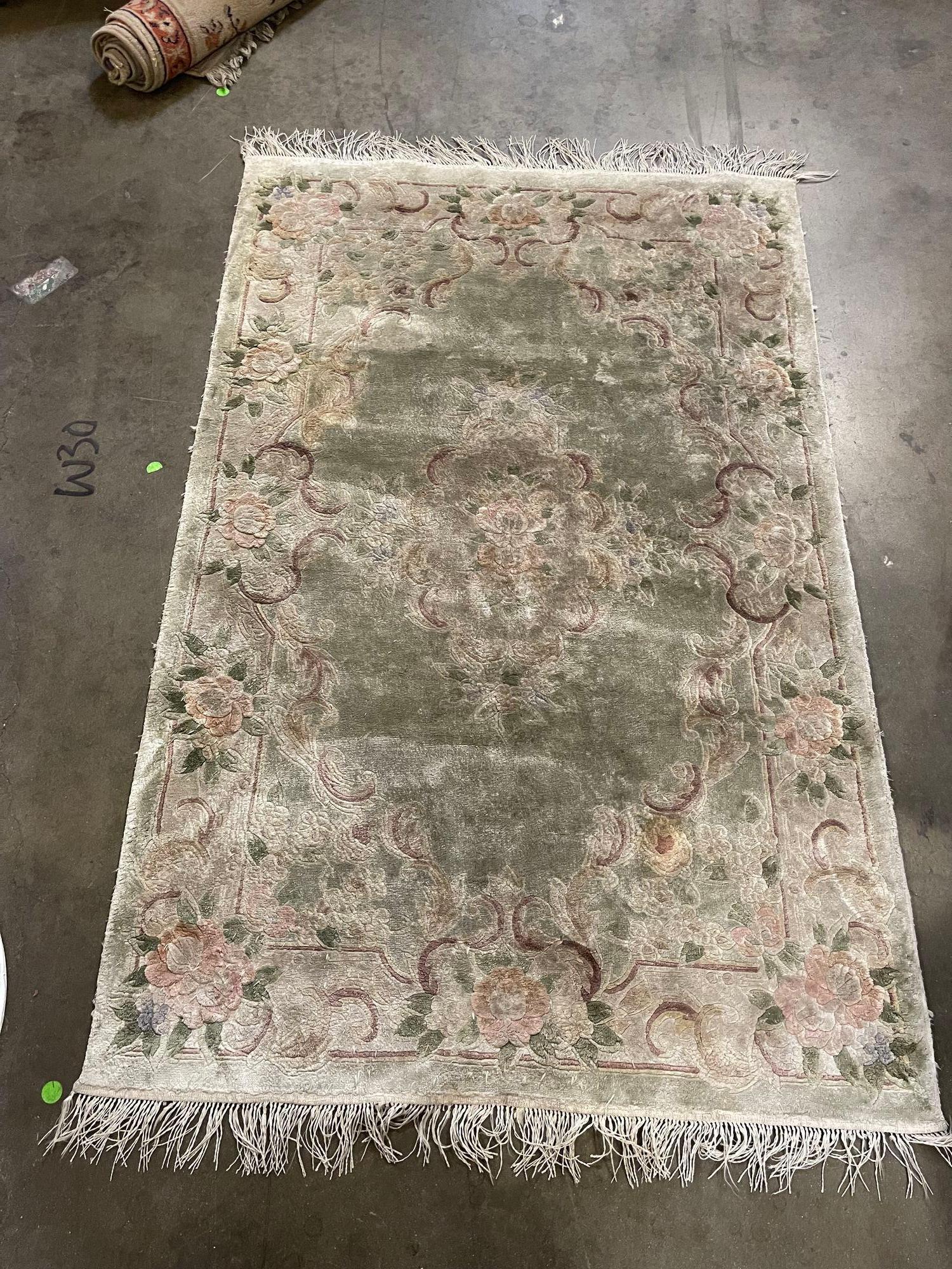 Mid-20th Century 5.5' x 3.5' Deep Pile Taupe/ Green Floral Nepalese Wool/Cotton Area Rug For Sale