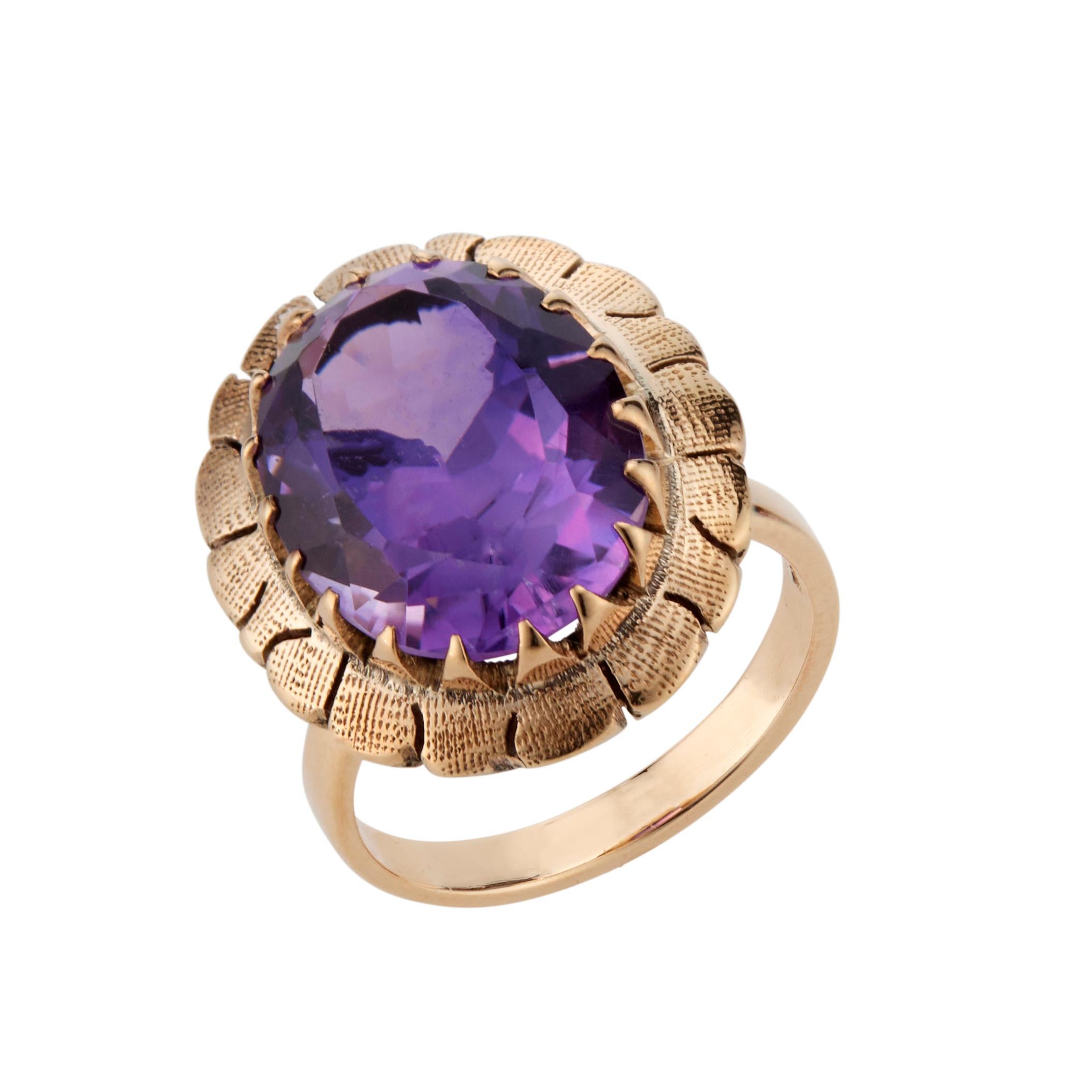 Art Deco 1930's Amethyst ring. 5.50 carat Oval center Amethyst in a 14k handmade rose gold setting.  

1 oval bright purple Amethyst, approx. total weight 5.50cts, 
Size 5 and sizable
14k rose gold
4.5 grams
Stamped: 14k
Tested: 14k
Width at top: