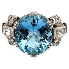 Retro 5.50 Carat Aquamarine and Diamond Late Art Deco Gold Ring Estate Fine Jewelry