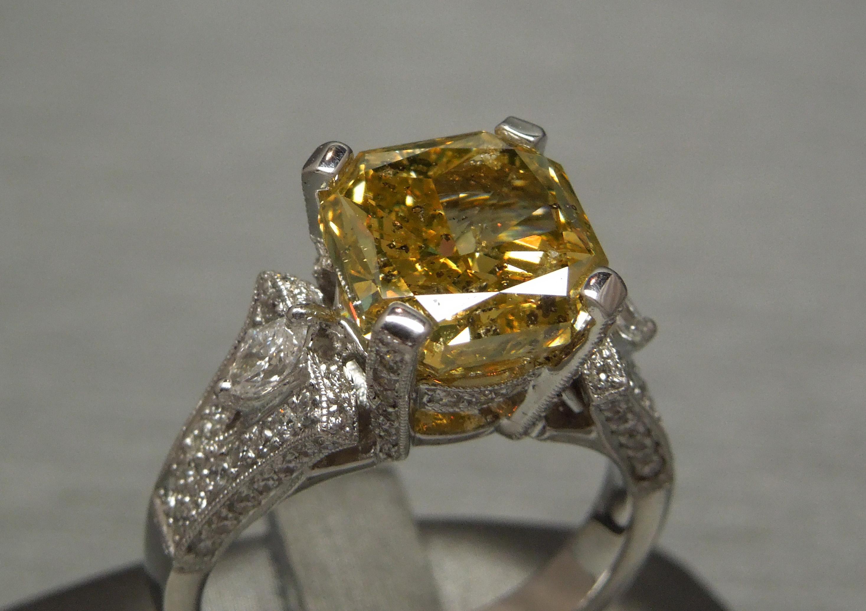 5.50 Carat Asscher Cut Golden Canary G.I.A. Diamond Ring For Sale 7