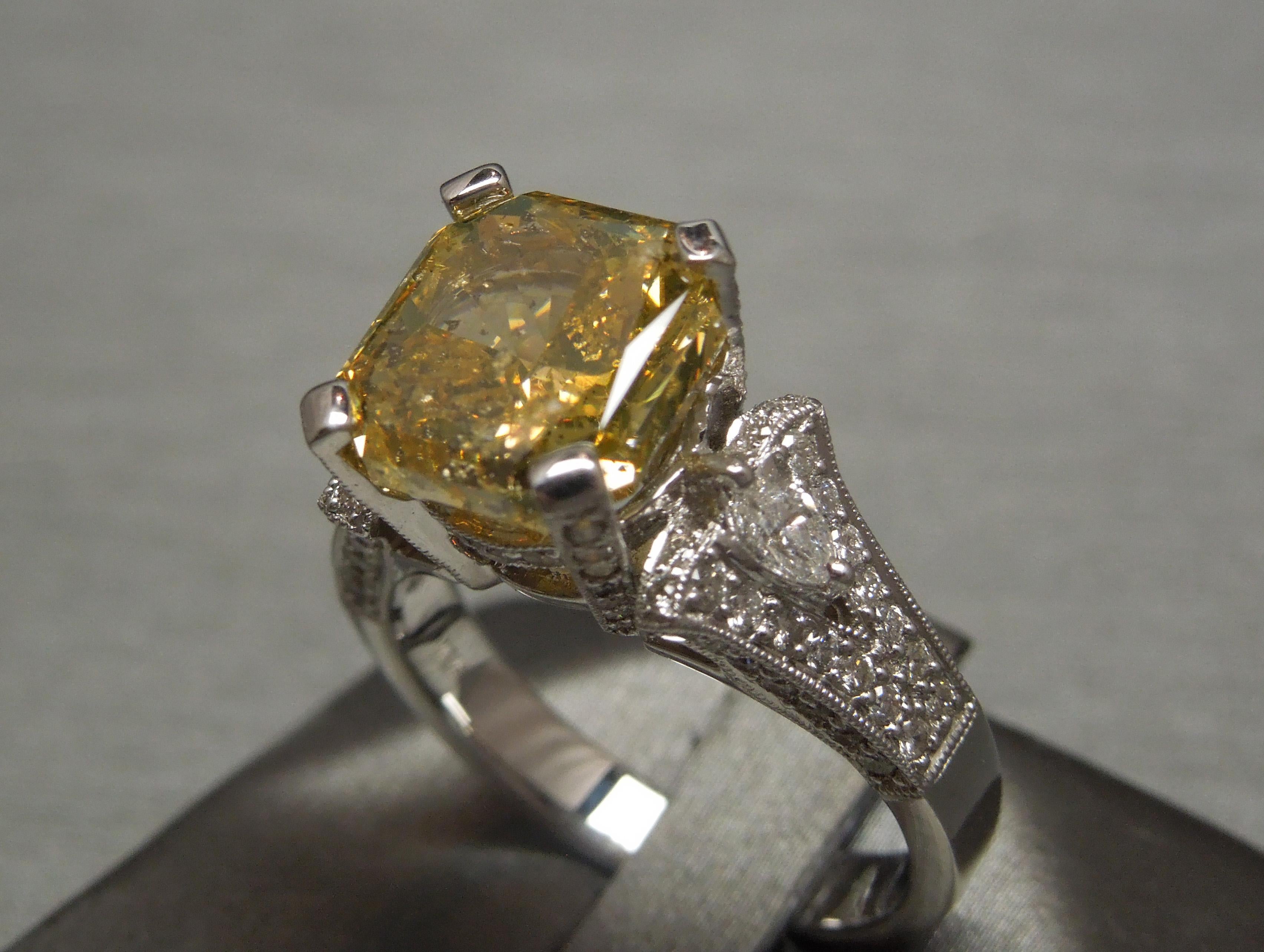 5.50 Carat Asscher Cut Golden Canary G.I.A. Diamond Ring  For Sale 8
