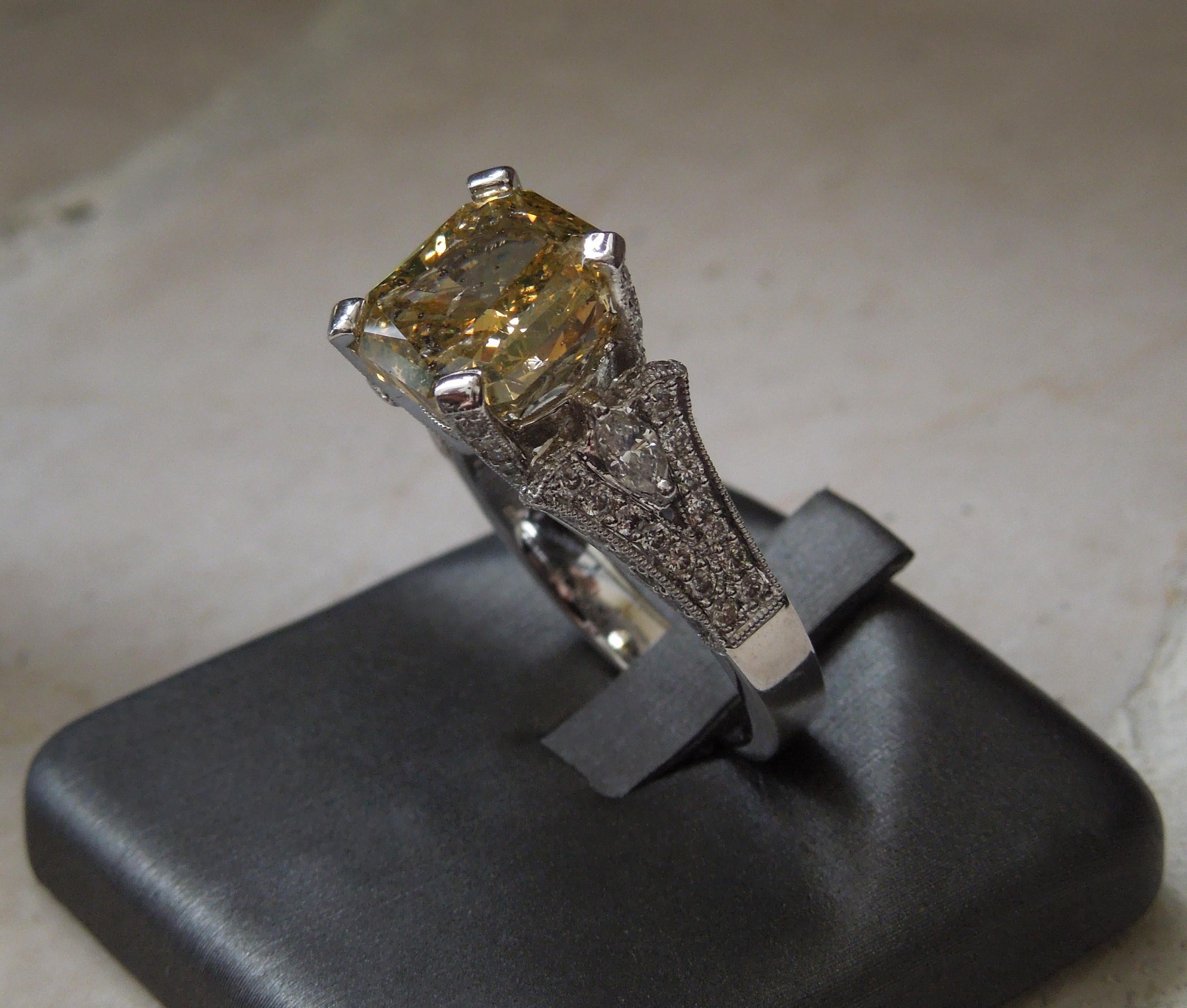 Women's 5.50 Carat Asscher Cut Golden Canary G.I.A. Diamond Ring  For Sale