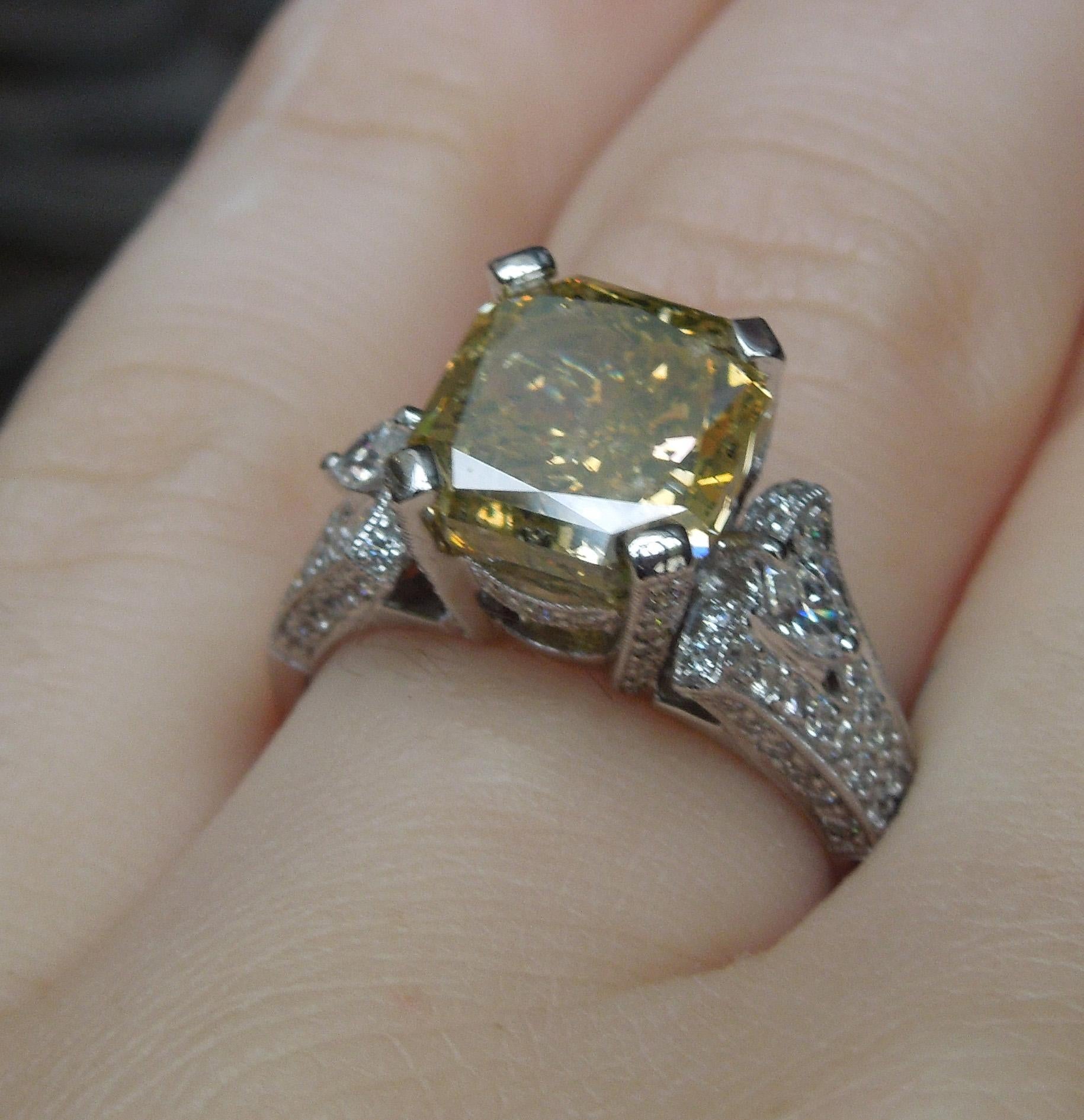 5.50 Carat Asscher Cut Golden Canary G.I.A. Diamond Ring  For Sale 1