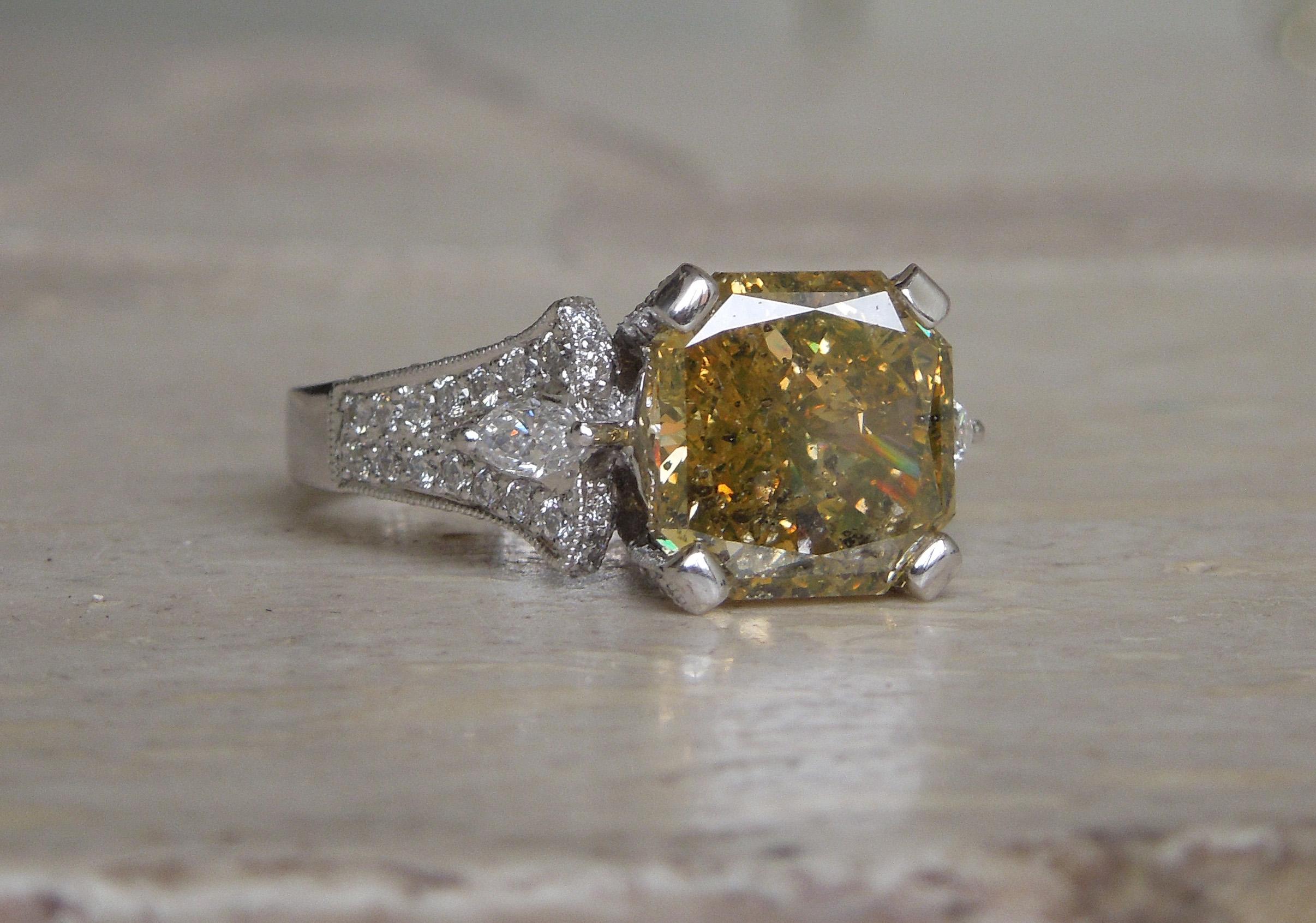 5.50 Carat Asscher Cut Golden Canary G.I.A. Diamond Ring  For Sale 2