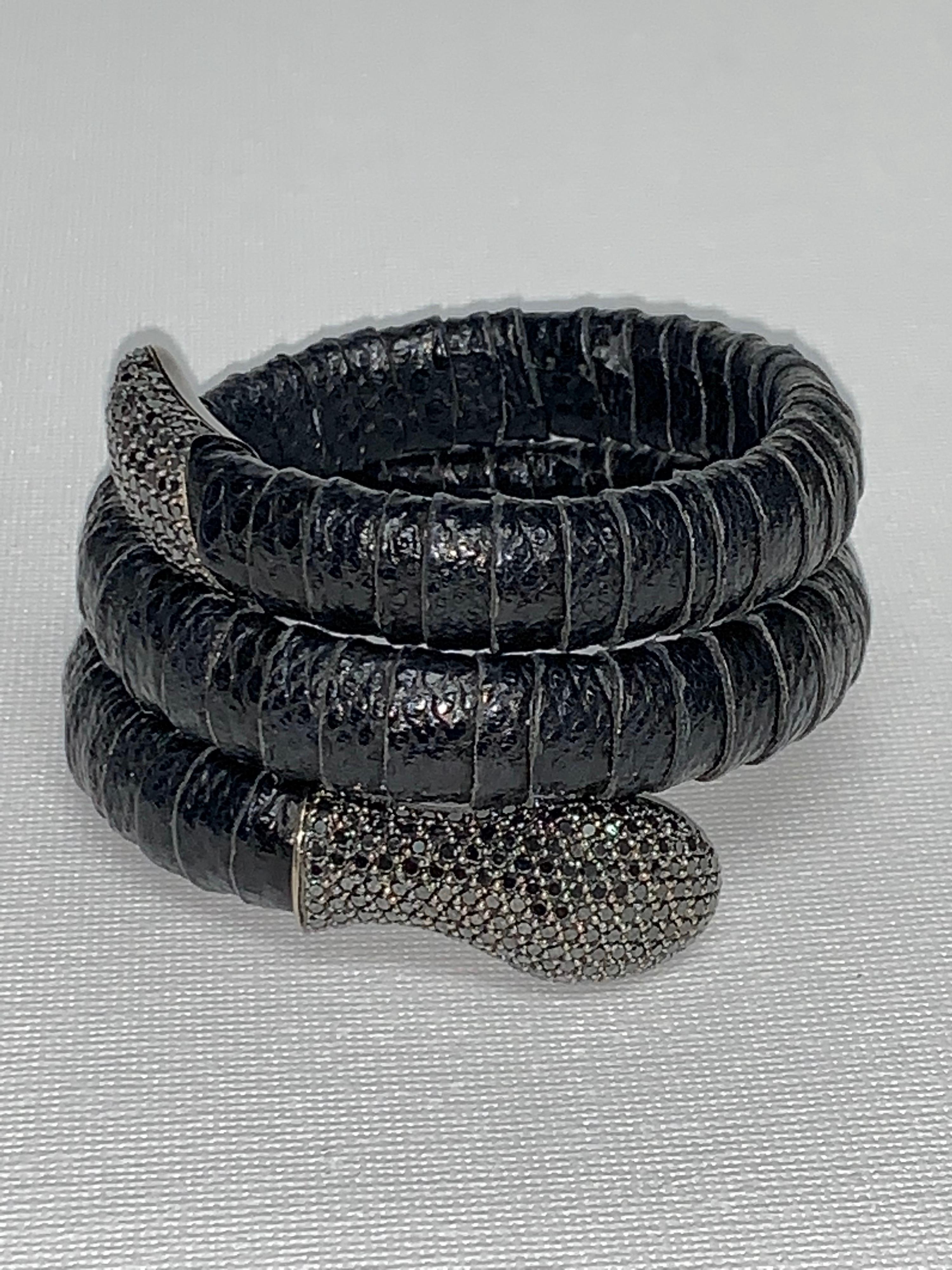 Black Pavé Diamond, Leather Snake Bracelet In New Condition For Sale In Scottsdale, AZ