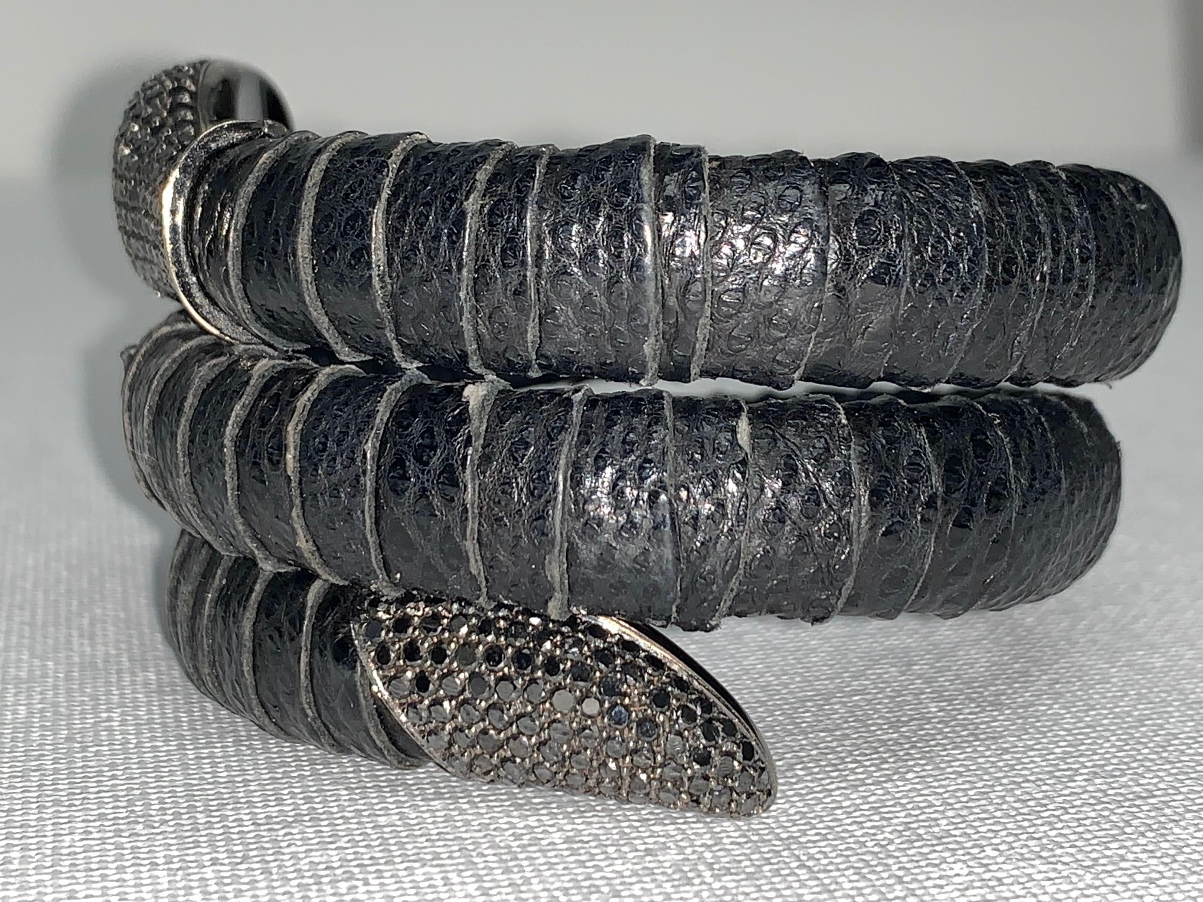 Late Victorian Black Pavé Diamond, Leather Snake Bracelet For Sale