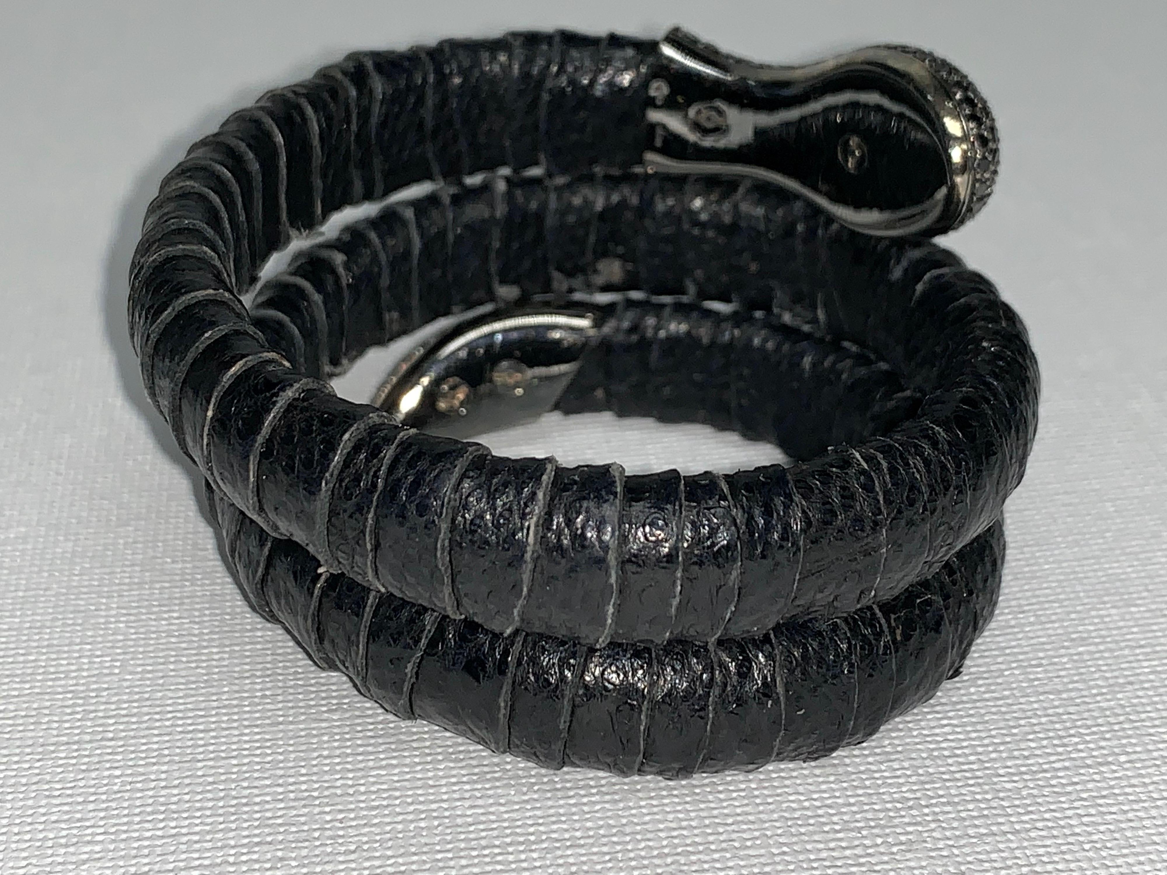 Round Cut Black Pavé Diamond, Leather Snake Bracelet For Sale