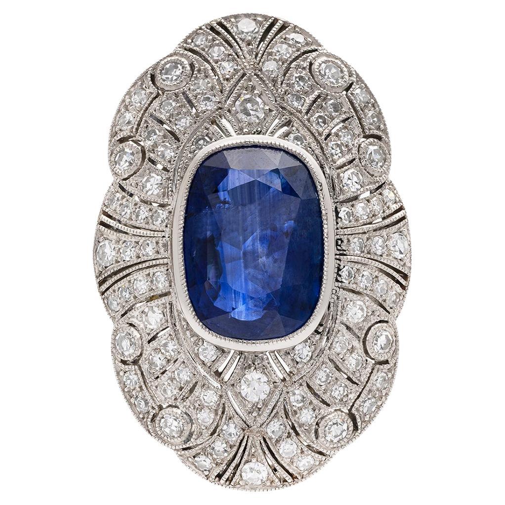 Bague en saphir bleu de 5,50 carats et diamant de 0,80 carat en platine