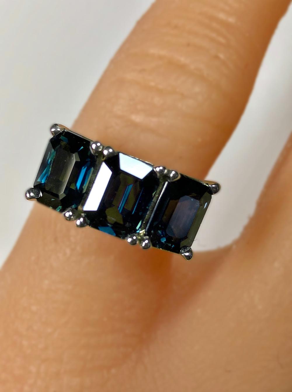 Emerald Cut 5.50 Carat Blue Natural Sapphire Three-Stone Wedding Ring White Gold For Sale