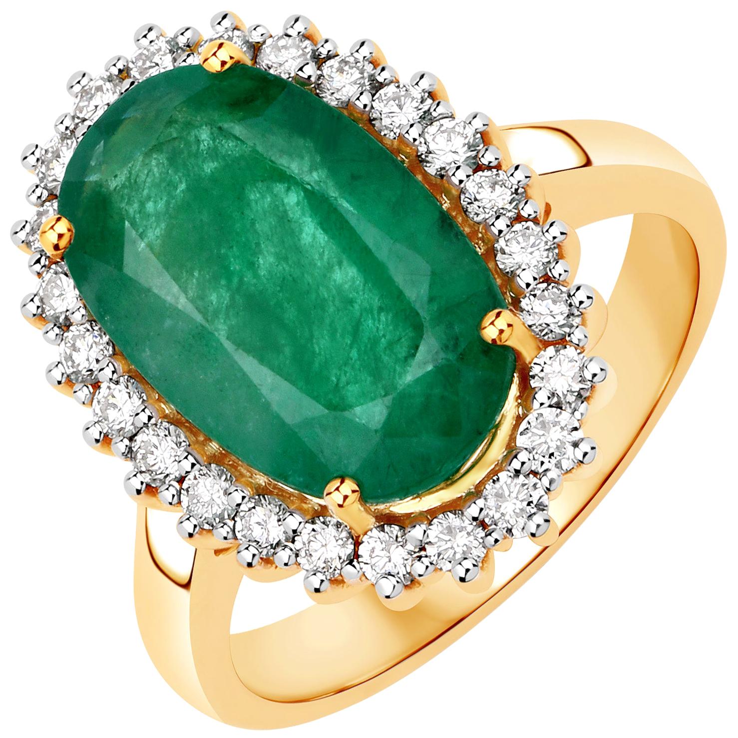 5.50 Carat Brazilian Emerald and Diamond 14 Karat Yellow Gold Cocktail Ring For Sale