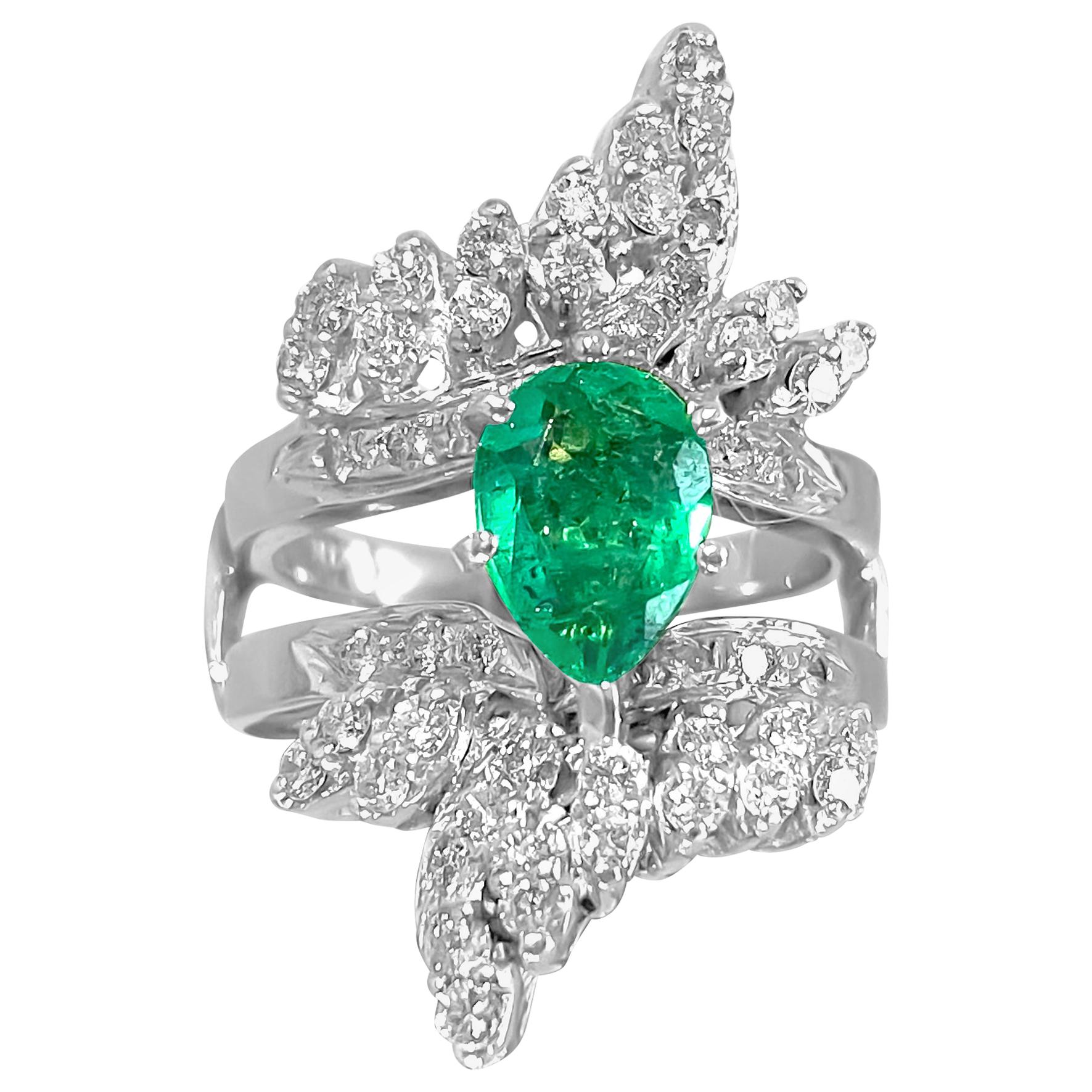 5.50 Carat Colombian Emerald Diamond Cocktail Ring 14 Karat White Gold For Sale