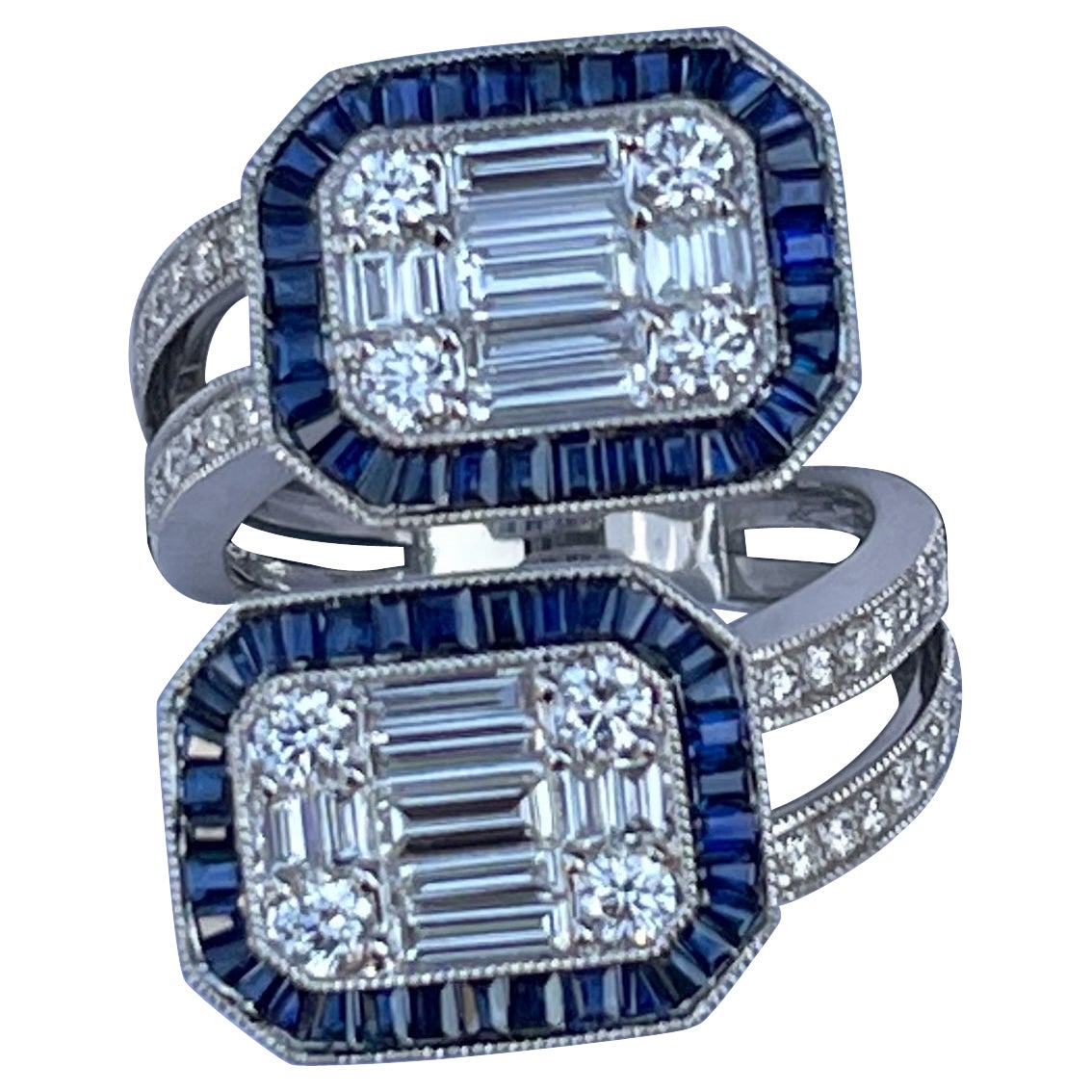 5.50 Carat Diamond and Sapphire Modern "Toi et Moi" Art Deco Style 18k Gold Ring