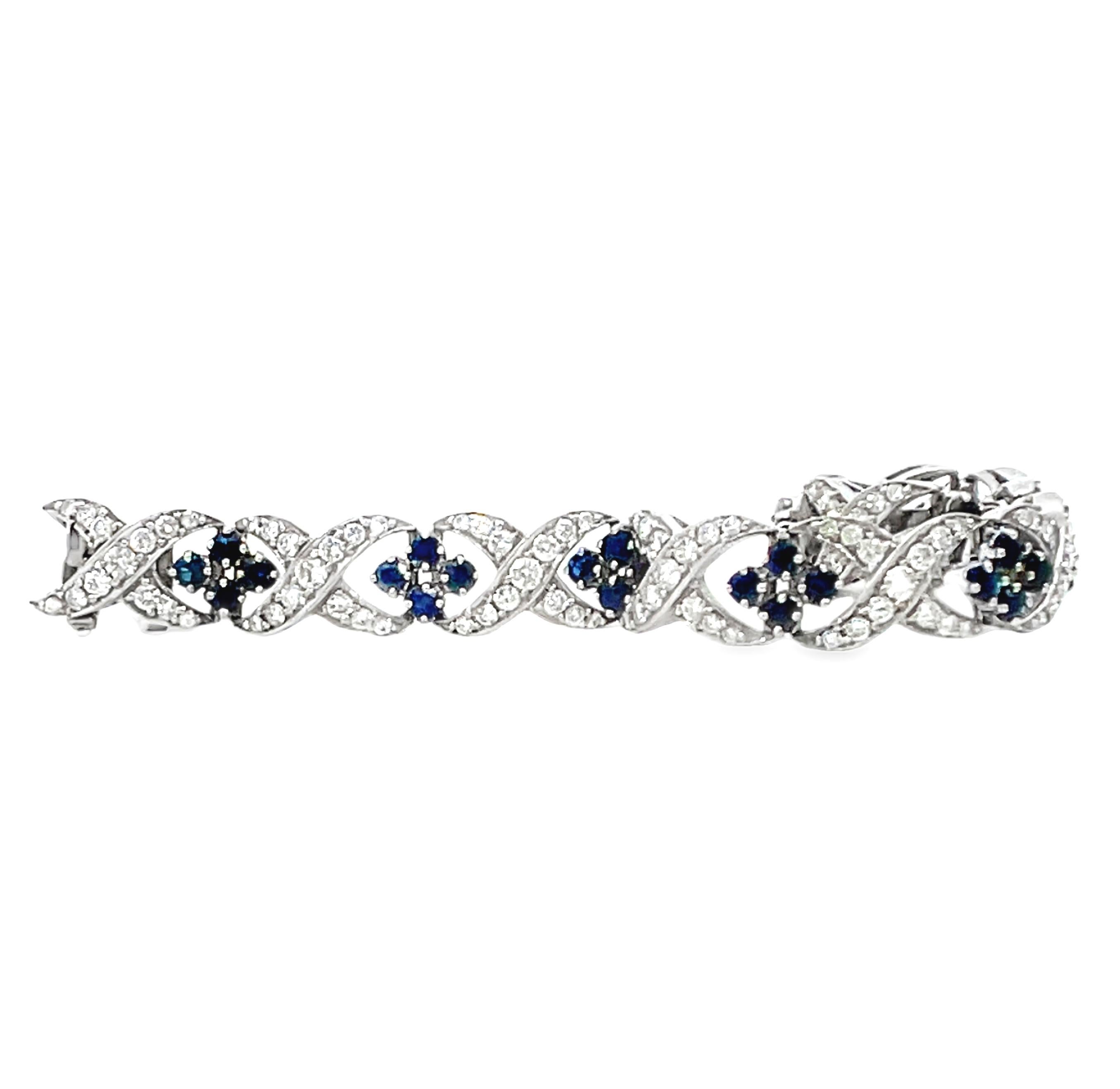 Taille ronde Bracelet à maillons rétro en diamant et saphir de 5,50 carats en vente