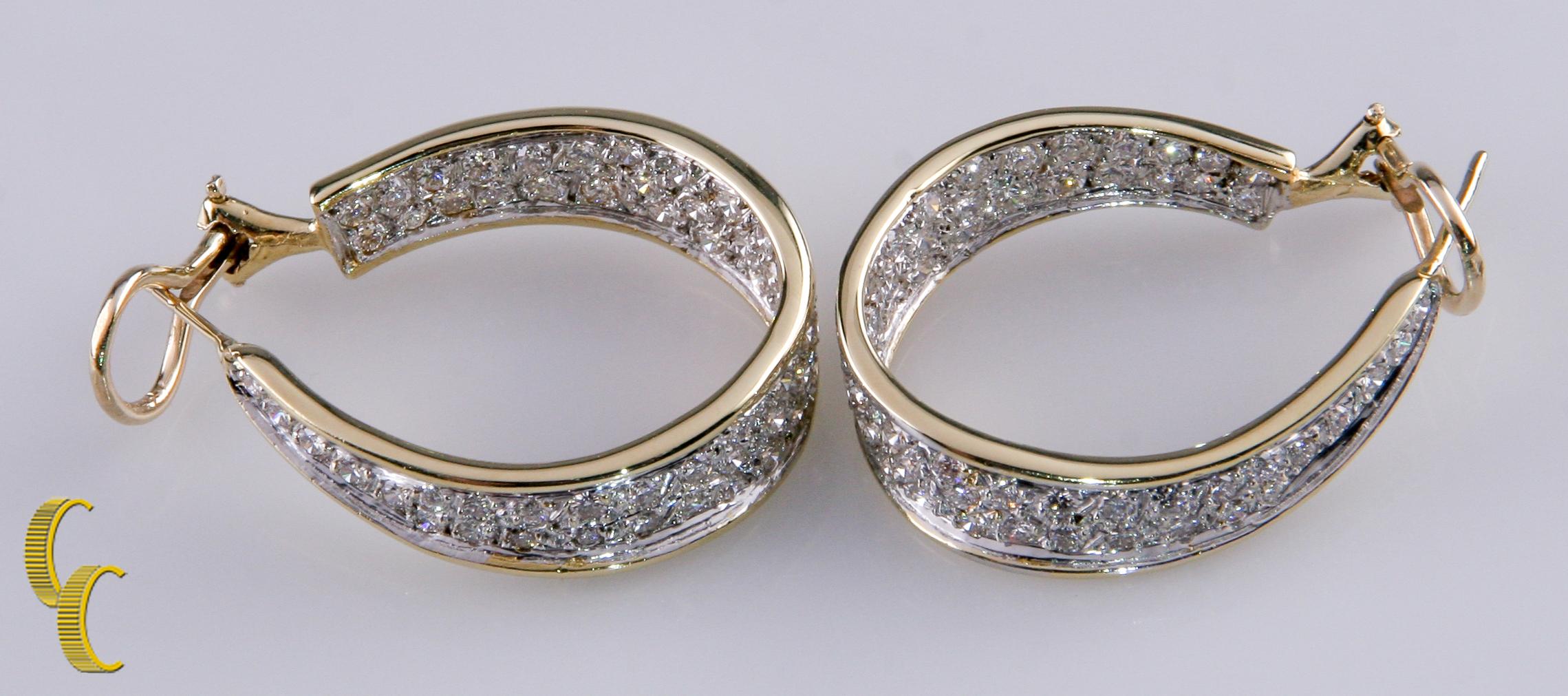 5.50 Carat Diamond Two-Tone Gold Curved Round Hoop Earrings with Omega Backs In Excellent Condition In Sherman Oaks, CA