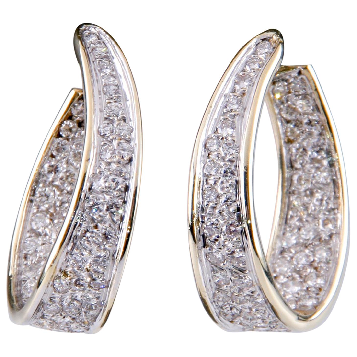 5.50 Carat Diamond Two-Tone Gold Curved Round Hoop Earrings with Omega Backs