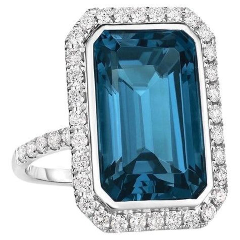 5.50 Carat Elongated Emerald Cut London Blue Topaz Ring 14K For Sale