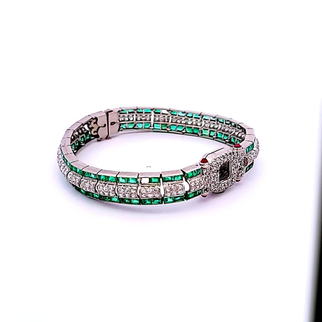 5.50 Carat Emerald 2.50 Carat Round Brilliant Diamond Platinum Watch Bracelet For Sale 5