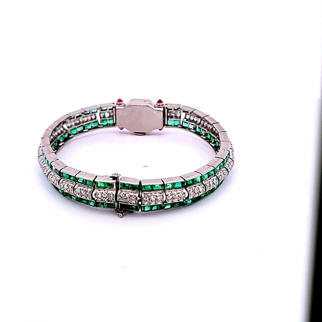 Round Cut 5.50 Carat Emerald 2.50 Carat Round Brilliant Diamond Platinum Watch Bracelet For Sale
