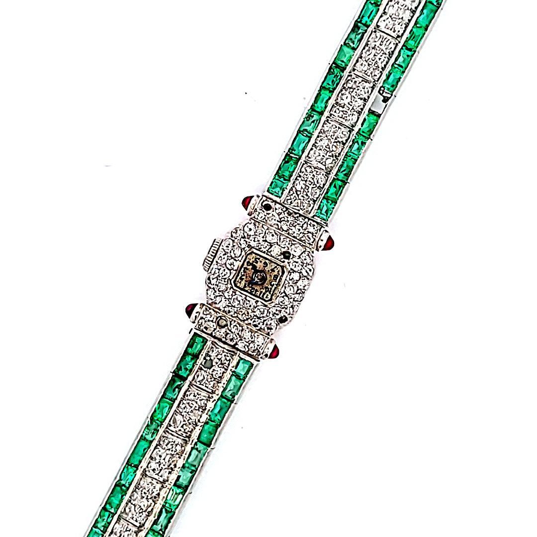 5.50 Carat Emerald 2.50 Carat Round Brilliant Diamond Platinum Watch Bracelet For Sale 1