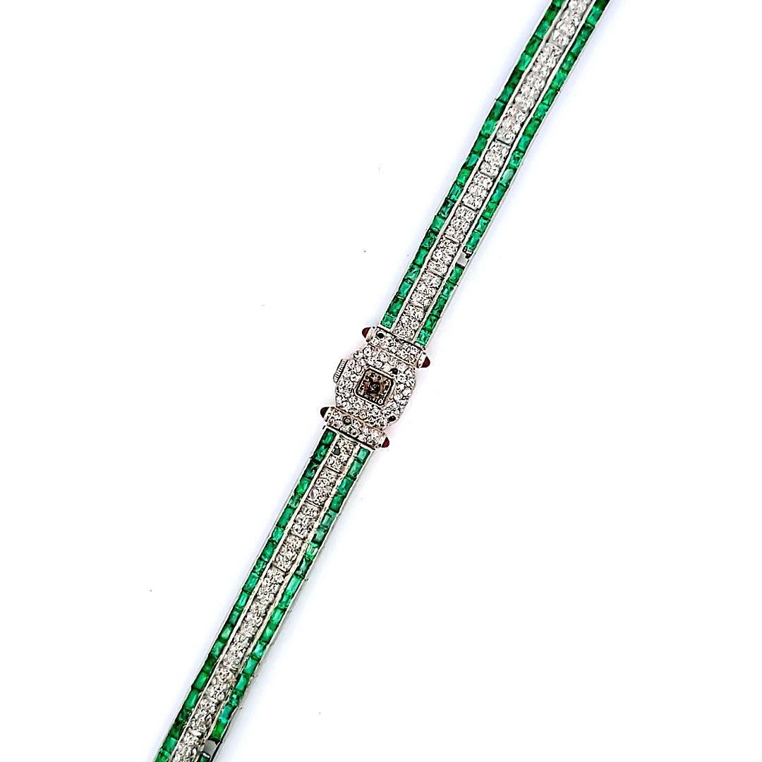 5.50 Carat Emerald 2.50 Carat Round Brilliant Diamond Platinum Watch Bracelet For Sale 2