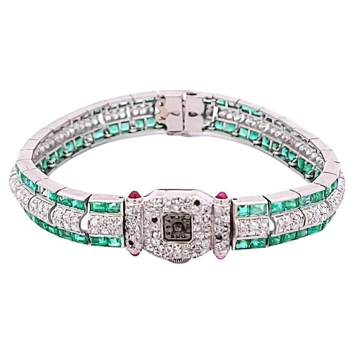 Bracelet de montre en platine avec émeraude de 5,50 carats et diamants ronds brillants de 2,50 carats