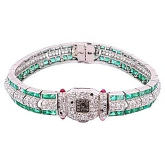 5.50 Carat Emerald 2.50 Carat Round Brilliant Diamond Platinum Watch Bracelet