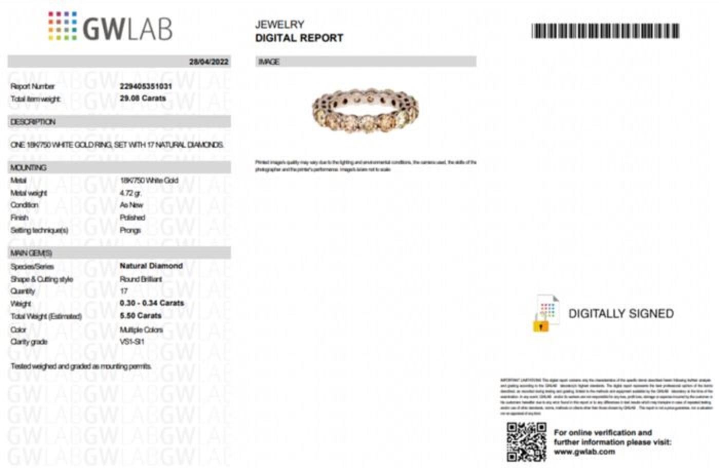Ein prächtiges Diamantband für die Ewigkeit aus 18 Karat Gold und funkelnden Brillanten der Reinheit VS1-SI1 von höchster Qualität. Wir haben nur 1, verpassen Sie nicht Ihre Chance!

Mittelstein:
___________
Natürlicher Diamant
Schliff: Runder