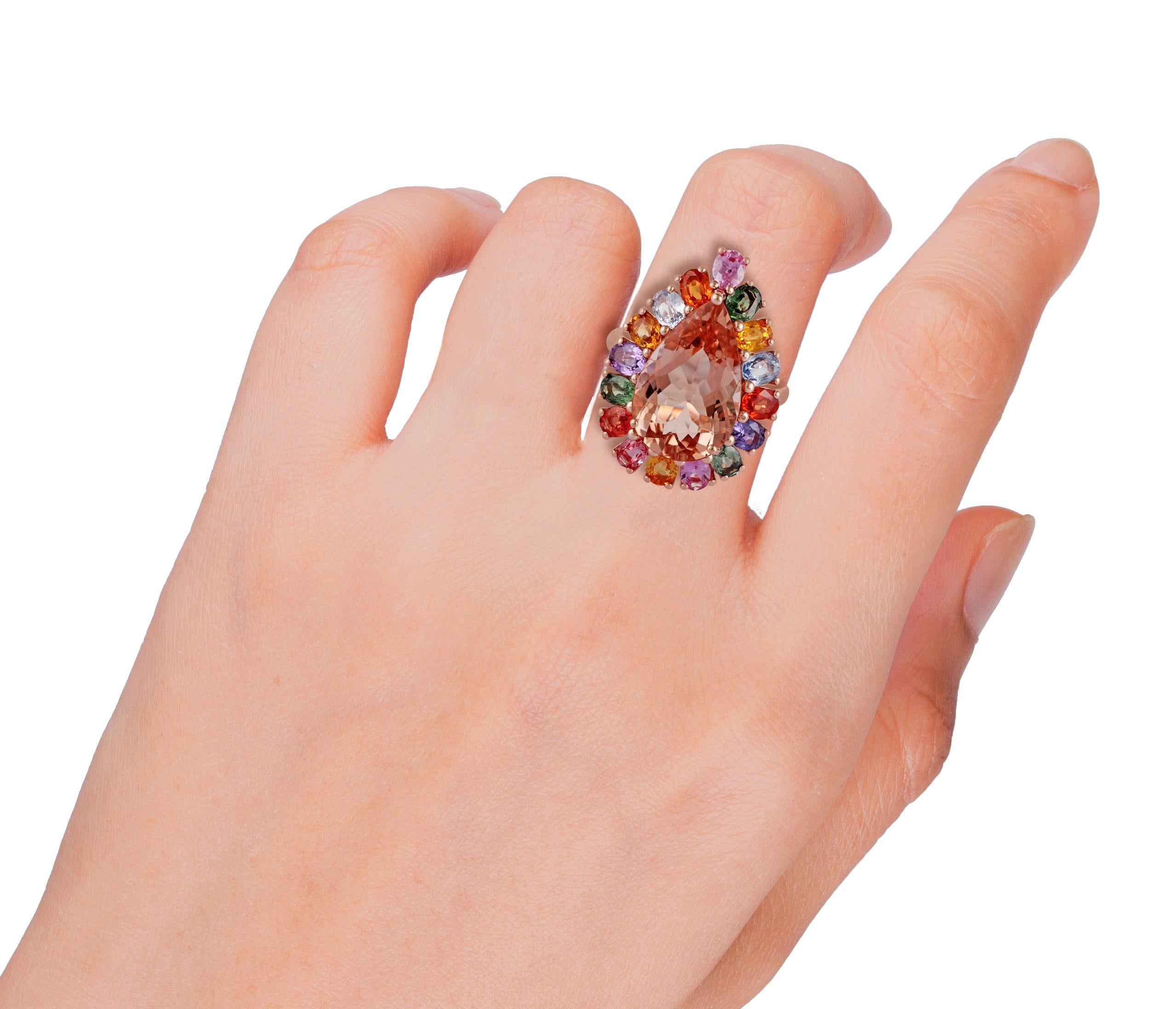 Pear Cut 5.50 Carat Morganite & Multi Sapphire Ring Studded in 18k Rose Gold For Sale