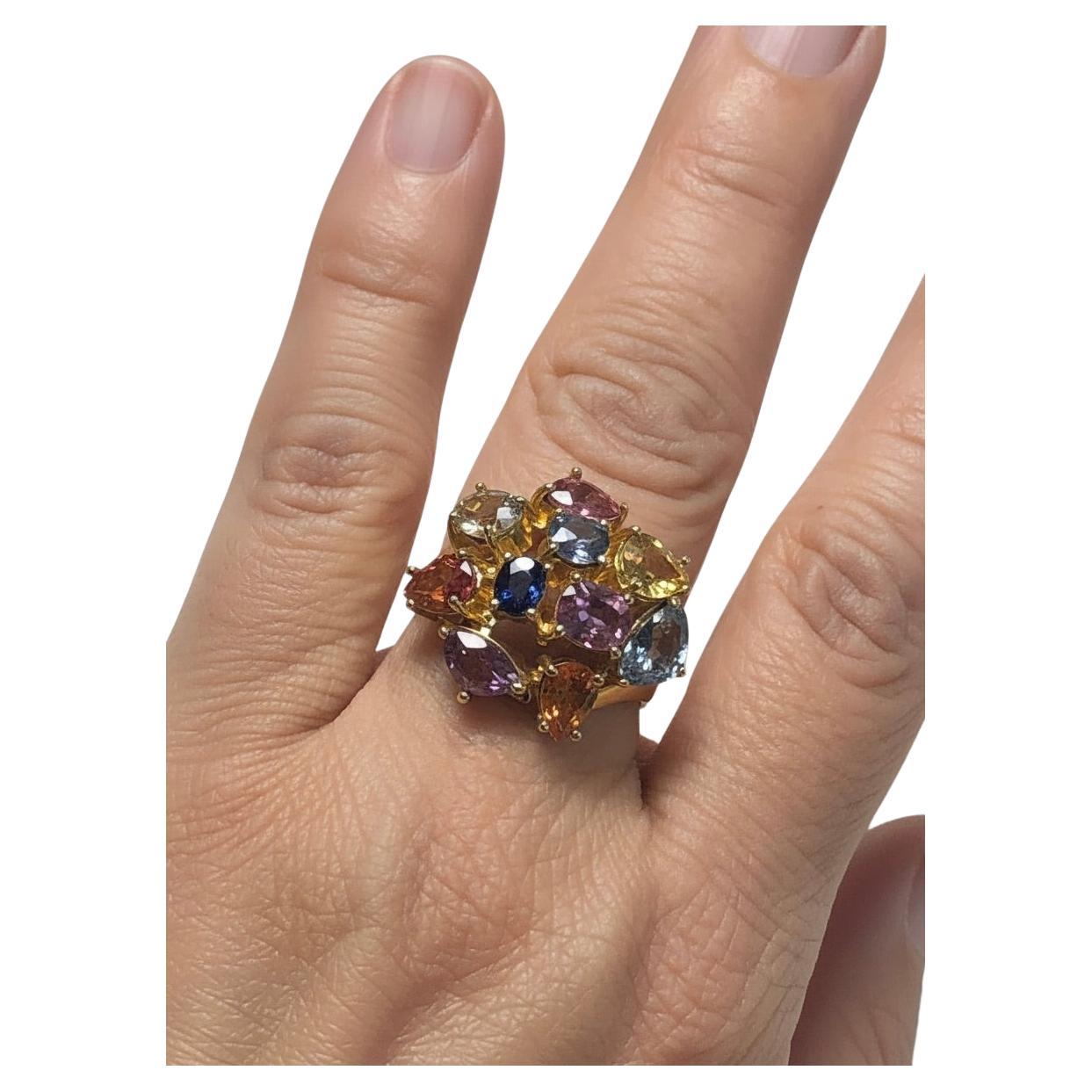 5.50 Carat Multi Colored Cocktail Sapphire Ring 18k Yellow Gold