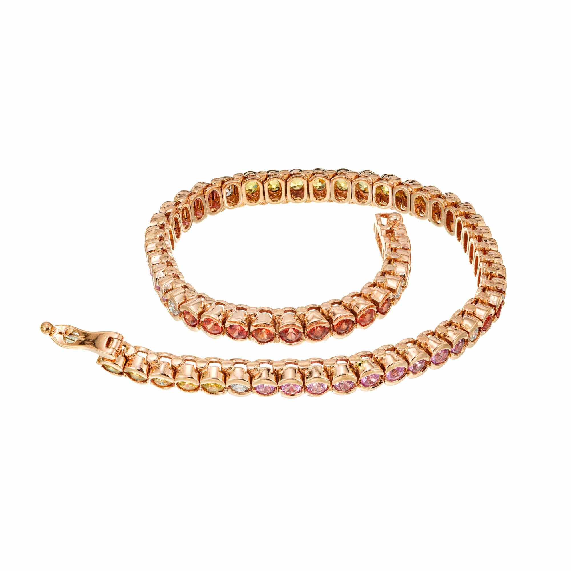 Modern 5.50 Carat Multicolor Sapphire Diamond Rose Gold Hinged Link Tennis Bracelet For Sale