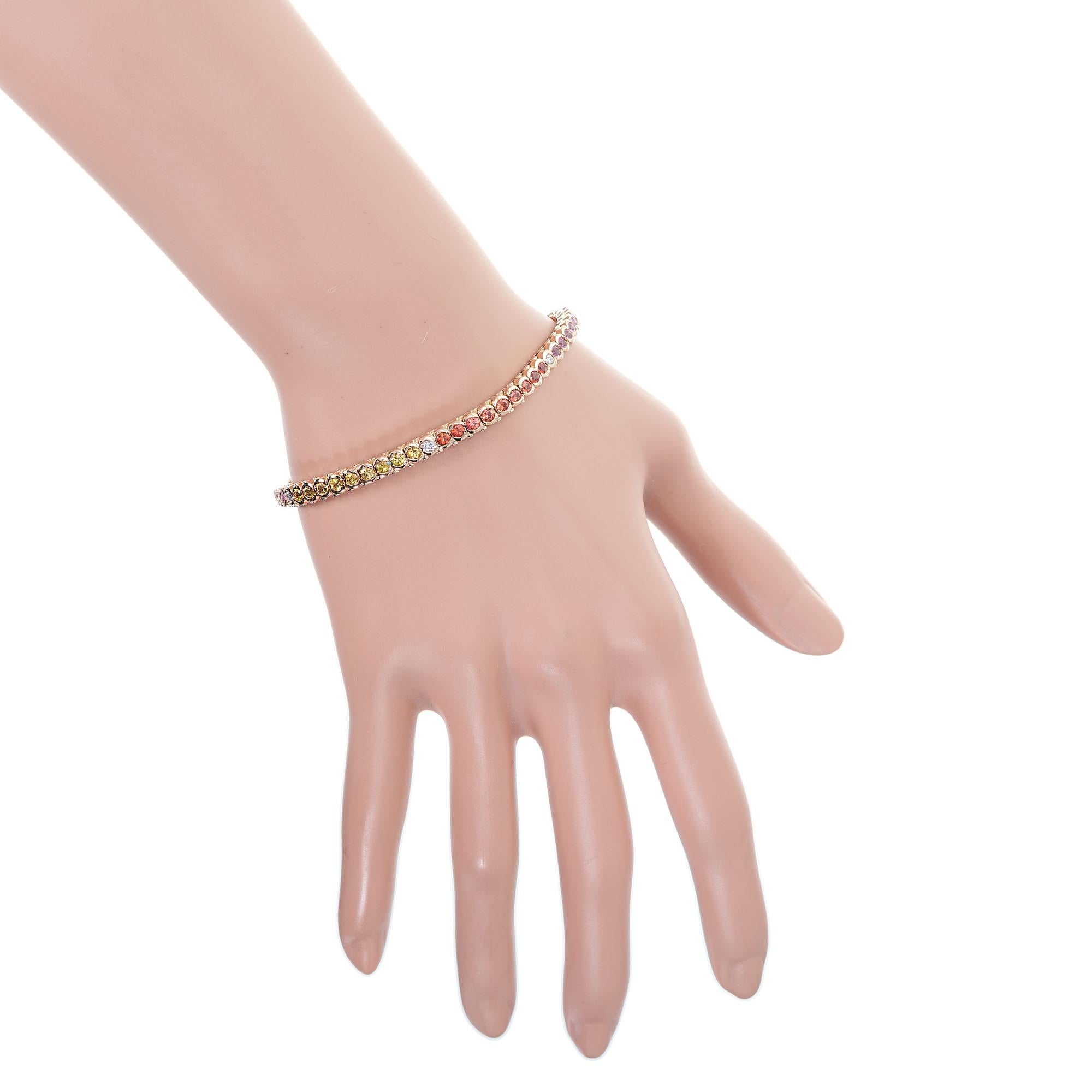 Round Cut 5.50 Carat Multicolor Sapphire Diamond Rose Gold Hinged Link Tennis Bracelet For Sale