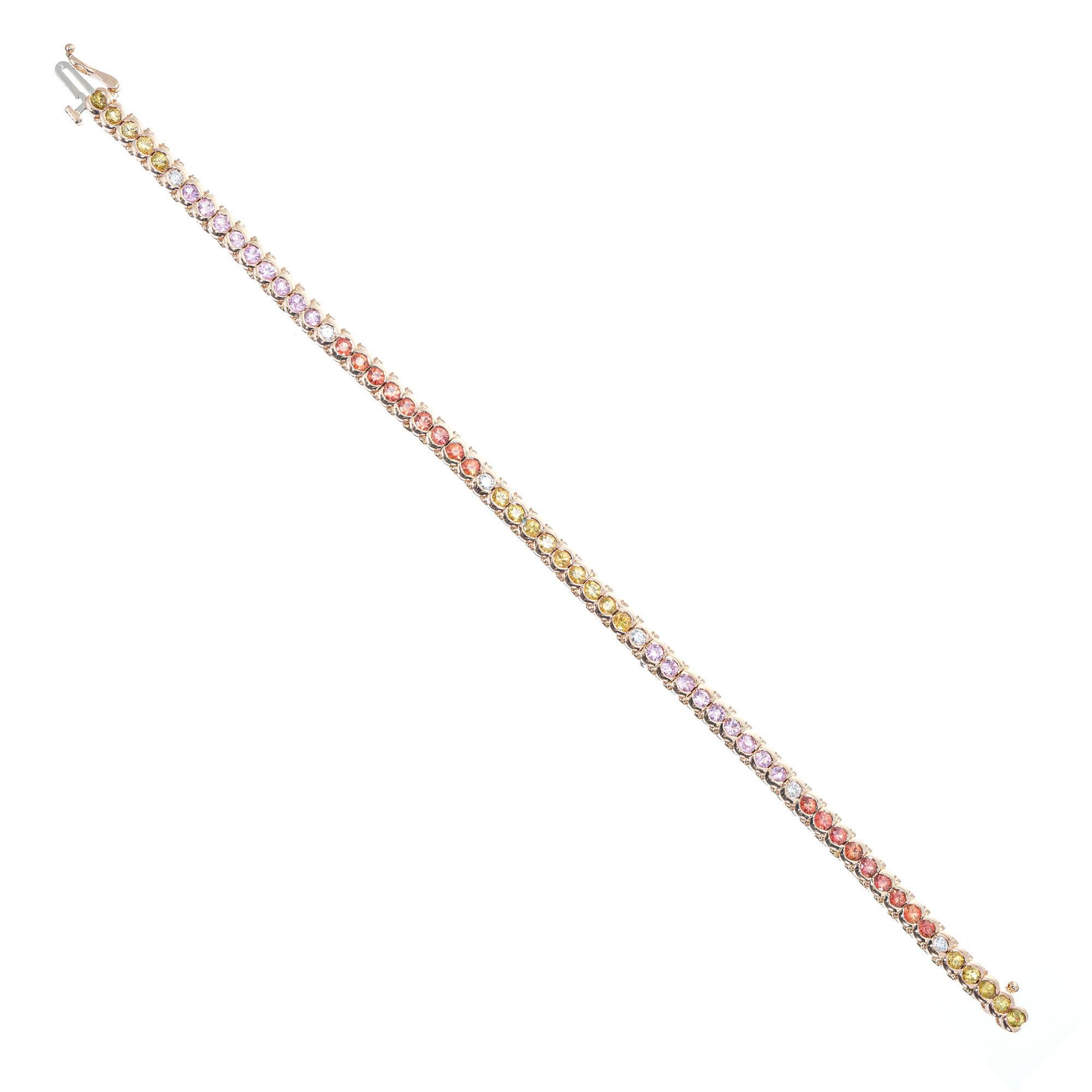 5.50 Carat Multicolor Sapphire Diamond Rose Gold Hinged Link Tennis Bracelet In Excellent Condition For Sale In Stamford, CT