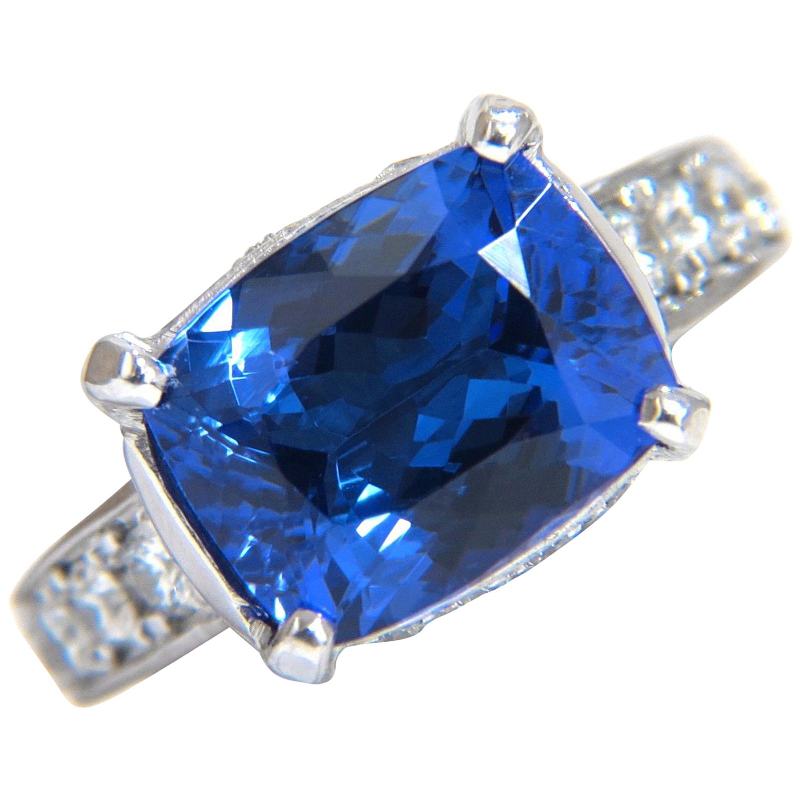 5.50 Carat Natural Cushion Sparkling Blue Tanzanite Diamonds Ring 14 Karat