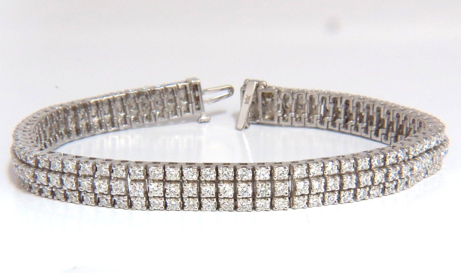 5.50 Carat Natural Round Brilliant Diamonds Three Row Tennis Bracelet 14 Karat For Sale 3