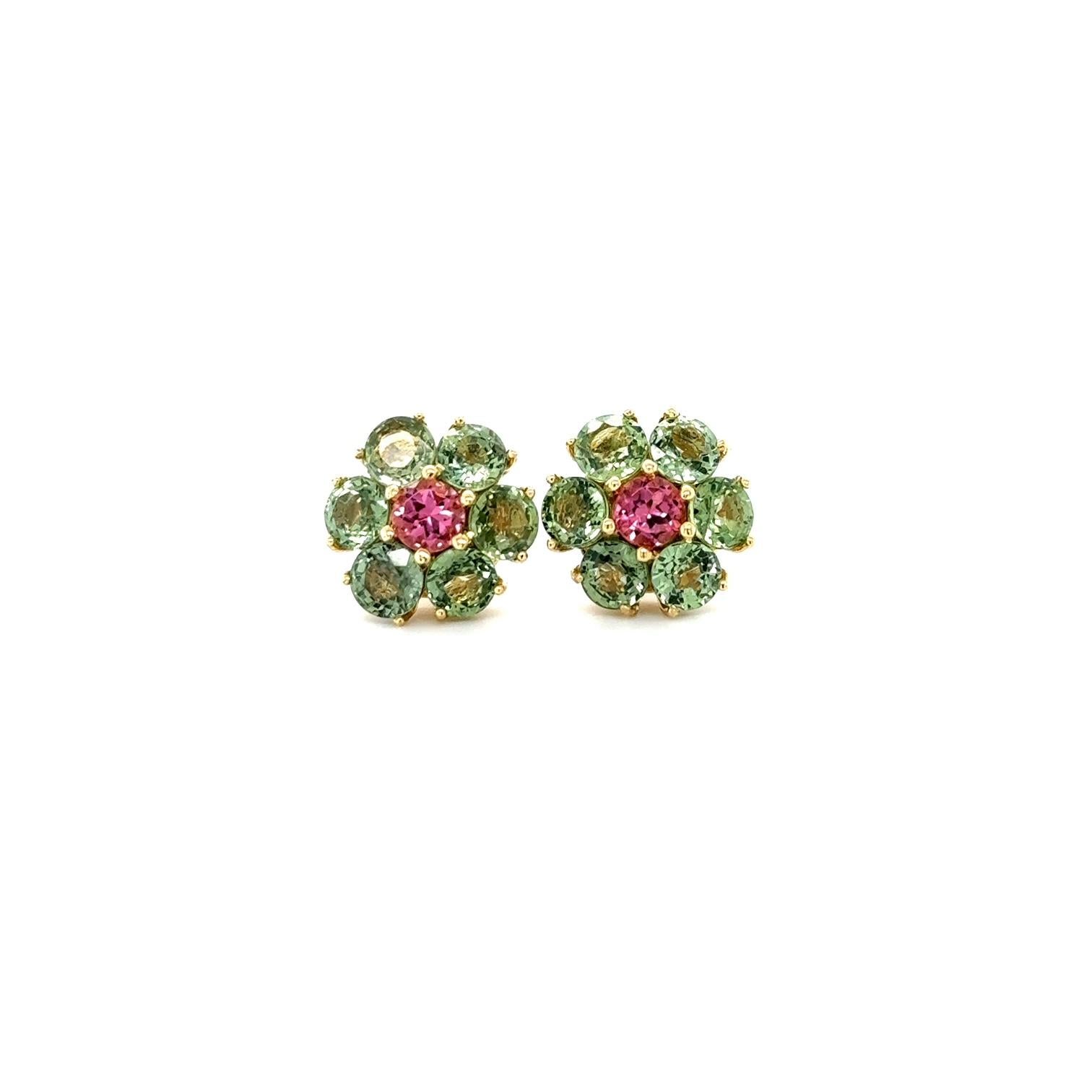 5.50 Carat Round Cut Natural Sapphire Tourmaline Yellow Gold Stud Earrings
Cute, dainty earrings that are versatile and great for an everyday look! 


There are 12 Green Sapphires  that weigh 4.96 carats and 2 Pink Tourmalines that weigh 0.54 carats