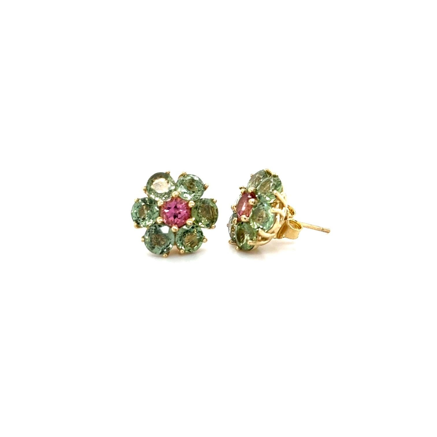 Contemporary 5.50 Carat Natural Sapphire Tourmaline Yellow Gold Stud Earrings For Sale
