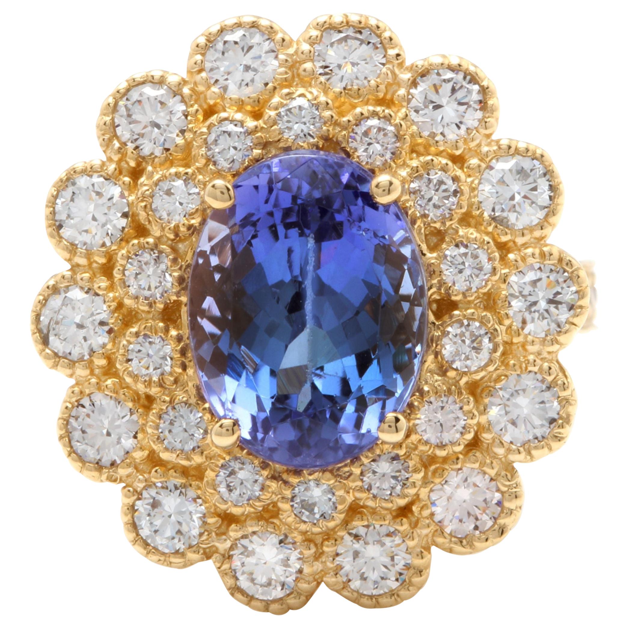 5.50 Carat Natural Tanzanite and Diamond 14 Karat Solid Yellow Gold Ring