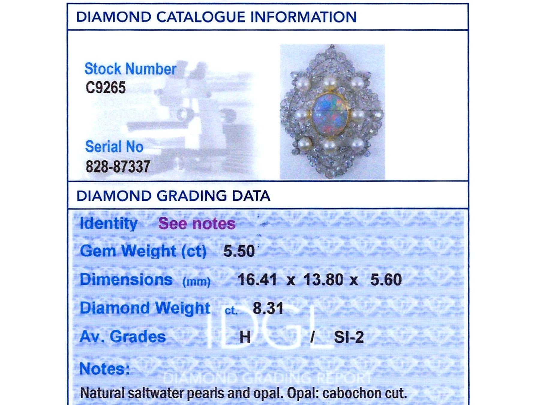 Pendentif en platine avec opale de 5,50 carats, perle d'eau salée naturelle et diamant de 8,31 carats en vente 5