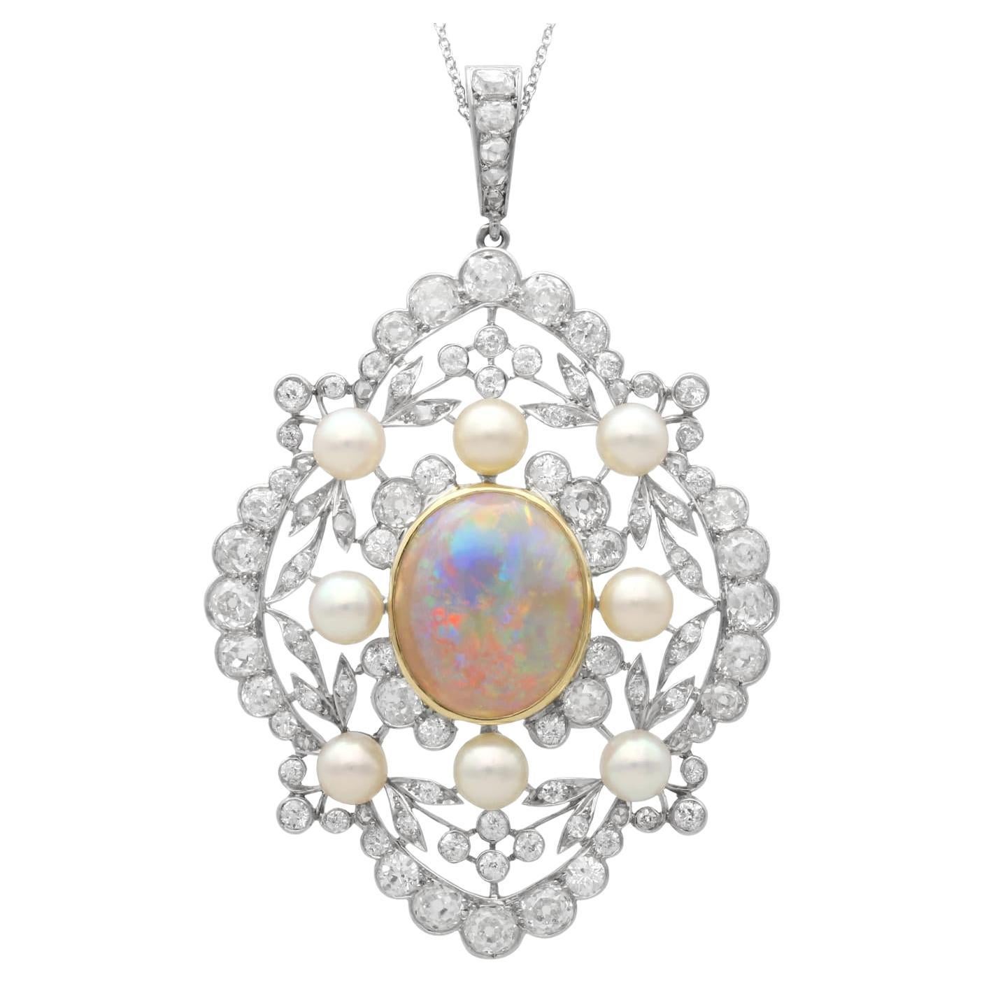 5.50 Carat Opal, Natural Saltwater Pearl 8.31 Carat Diamond, Platinum Pendant