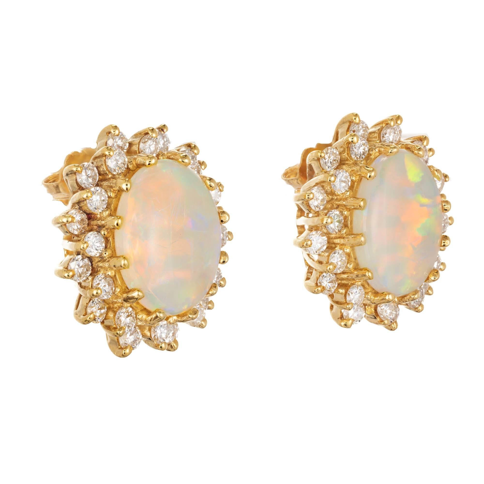 Oval Crystal Opal and round diamond halo stud earrings. Opals have rolling flashes of red, orange, blue and green. Well matched and polished. Handmade wire settings and fine full cut diamonds. 18k yellow gold. note: because of the multi color