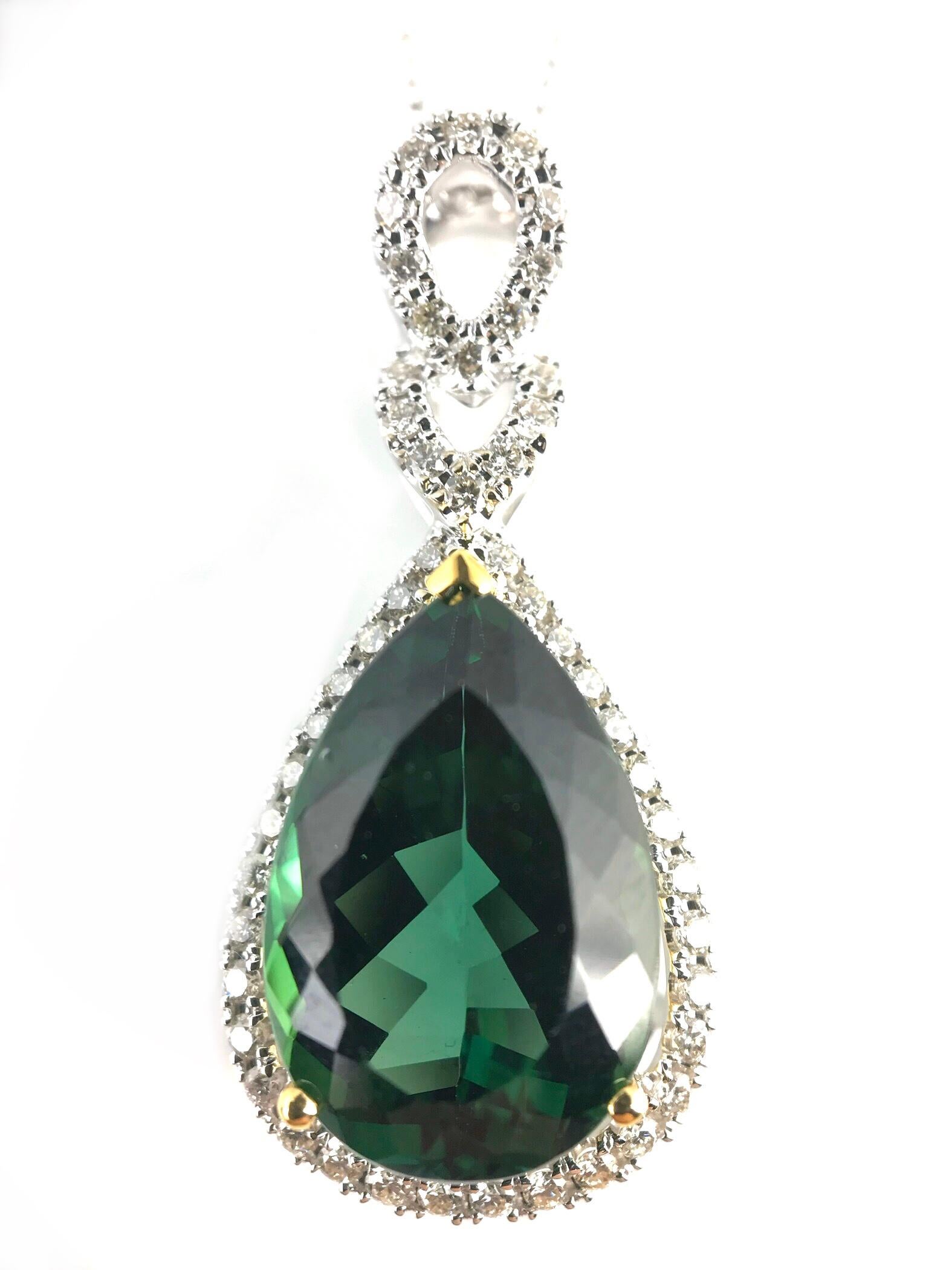 Contemporary 5.50 Carat Pear Shape Green Tourmaline and Natural Diamond Pendant ref1874 For Sale