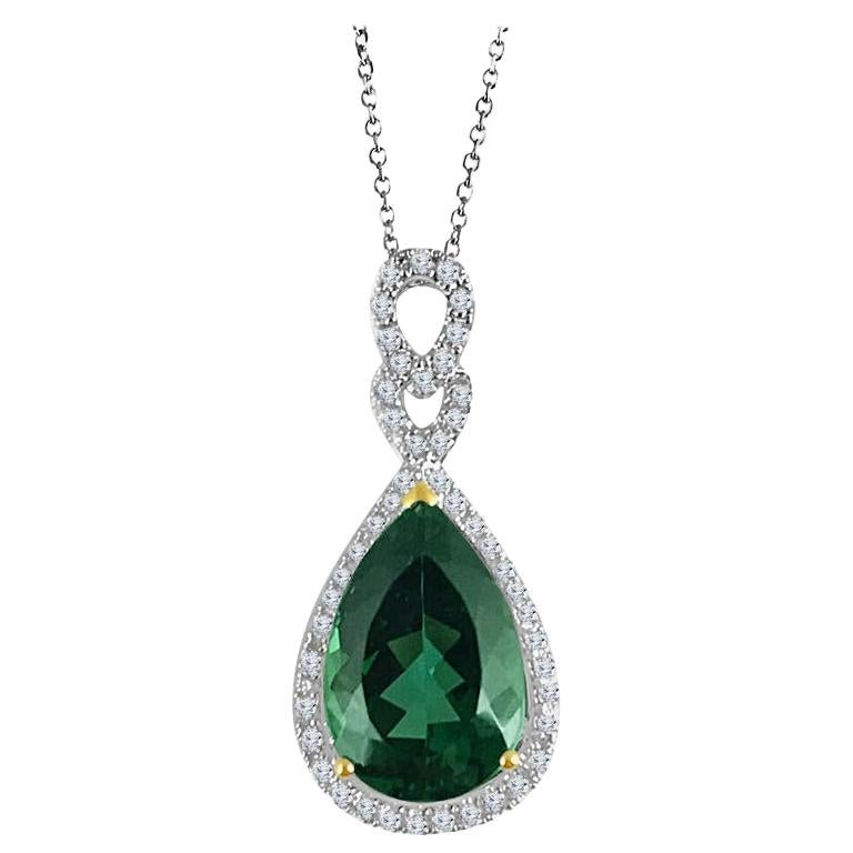 5.50 Carat Pear Shape Green Tourmaline and Natural Diamond Pendant ref1874 For Sale