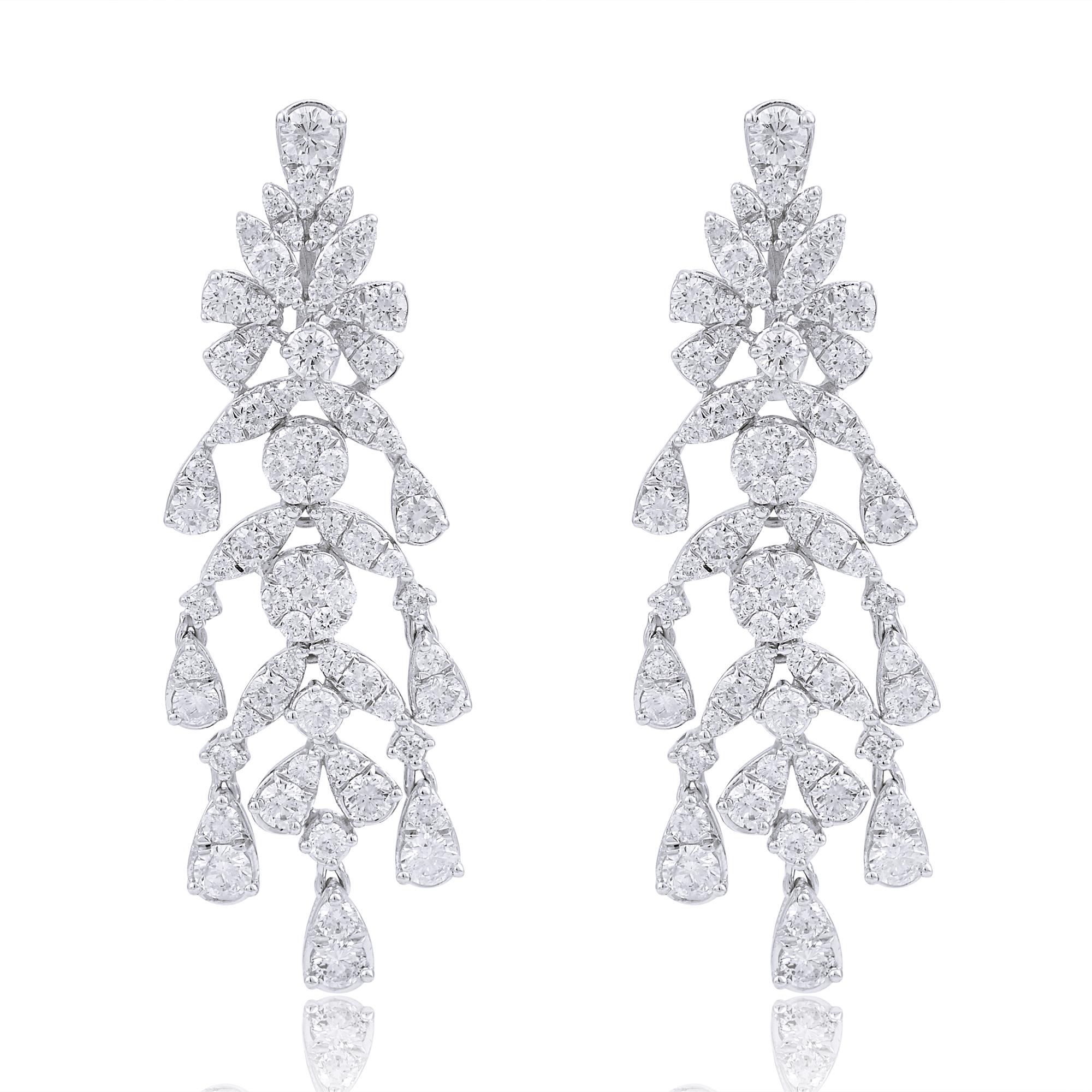 Item Code :- CN-41124A
Gross Wt. :- 11.52 gm
18k Solid White Gold Wt. :- 10.42 gm
Natural Diamond Wt. :- 5.50 Ct.  ( AVERAGE DIAMOND CLARITY SI1-SI2 & COLOR H-I )
Earrings Size :- 15.56 x 48.81 mm approx.

✦ Sizing
.....................
We can