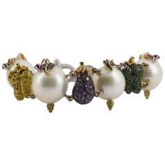 5.50 Carat Ruby Yellow Sapphire Peridot Diamond Pearl White Gold Bracelet
