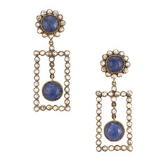 5.50 Carat Sapphires Diamond Halo Silver Yellow Gold Dangle Earrings
