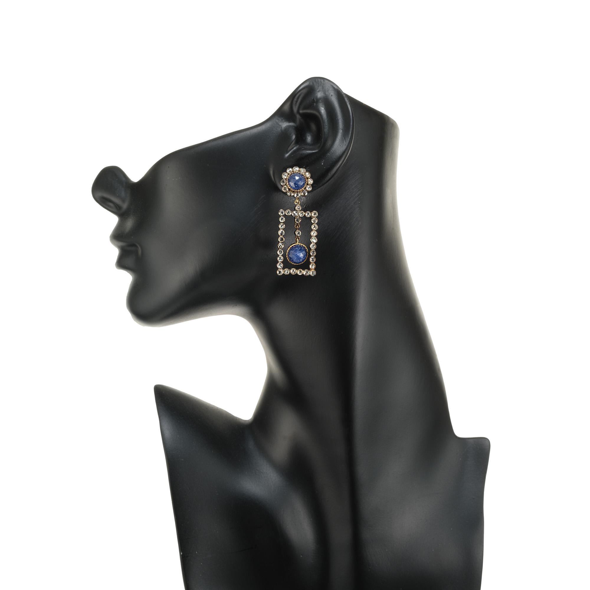 Women's 5.50 Carat Sapphires Diamond Halo Silver Yellow Gold Dangle Earrings For Sale