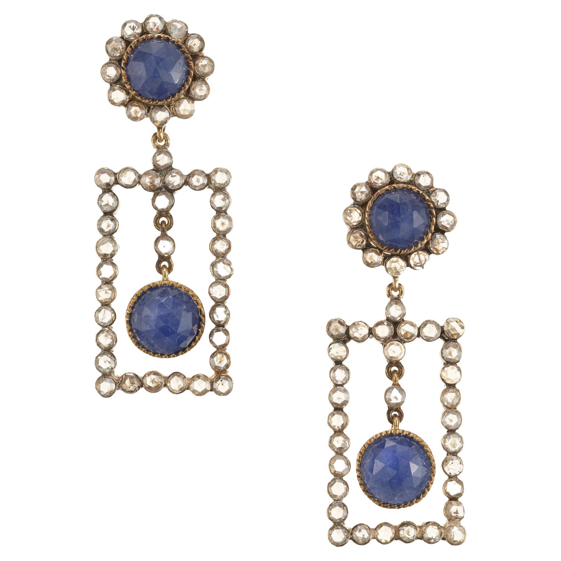 5.50 Carat Sapphires Diamond Halo Silver Yellow Gold Dangle Earrings For Sale