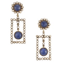 5.50 Carat Sapphires Diamond Halo Silver Yellow Gold Dangle Earrings