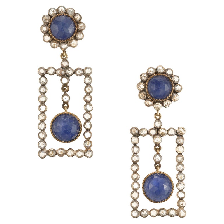 5.50 Carat Sapphires Diamond Halo Silver Yellow Gold Dangle Earrings ...