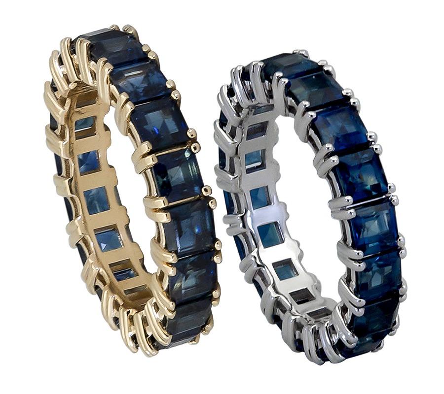 Features a row of dark blue square cut sapphires set in a polished yellow gold mounting.
Blue sapphires weigh approximately 5.50 carats total.
Size 6.5 US
Dimensions: 0.50cm (W)
Creator: Ely Adams

Custom piece available for production. Price varies